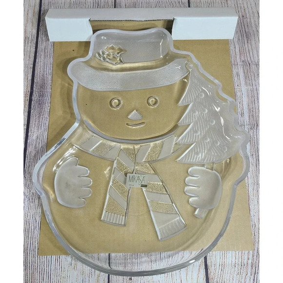 Mikasa Crystal Glass Christmas Snowman Serving Platter 11.5" WY167/312 Japan New - Picture 2 of 6